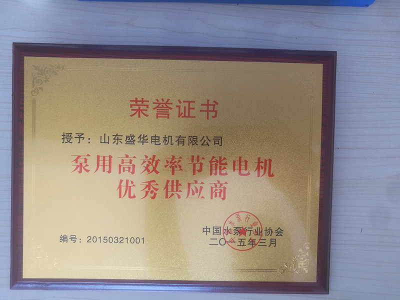盛華電機(jī)公司資質(zhì)榮譽(yù)《泵用電機(jī)優(yōu)秀供應(yīng)商》