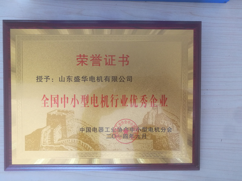 盛華電機(jī)公司資質(zhì)榮譽(yù)《全國中小型電機(jī)行業(yè)優(yōu)秀企業(yè)》